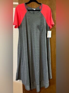 LuLaRoe Carly Gray Dress with Coral Sleeves